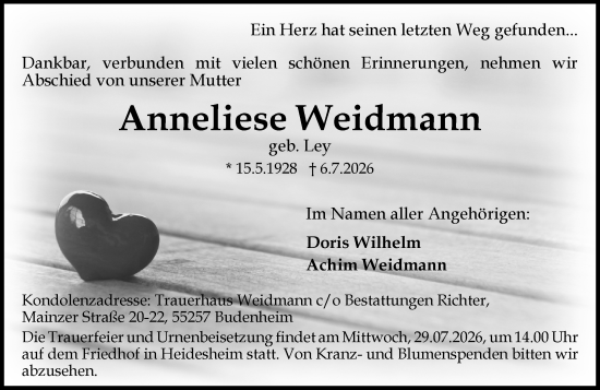 Traueranzeige von Anneliese Weidmann von Allgemeine Zeitung Rheinhessen-Nahe