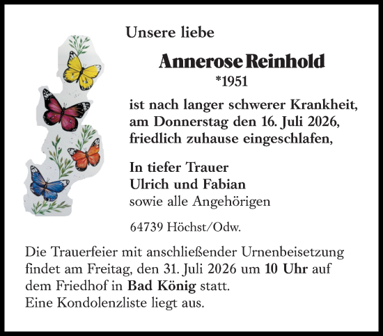 Traueranzeige von Annerose Reinhold von Odenwälder Echo