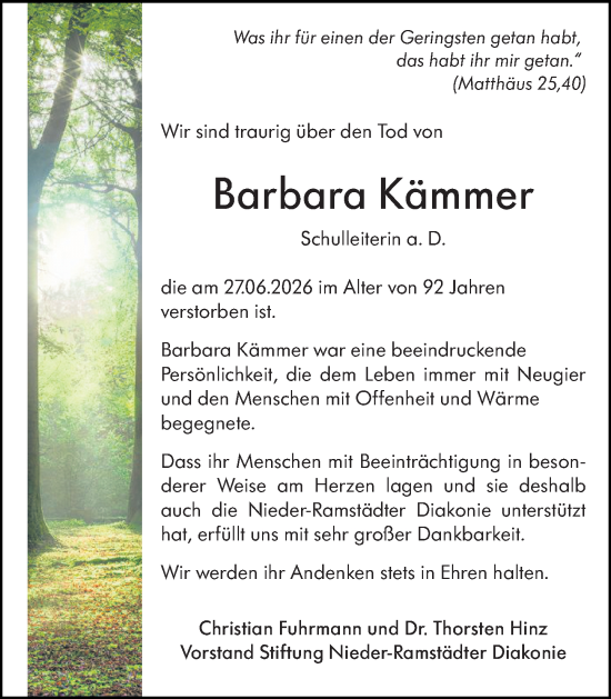 Traueranzeige von Barbara Kämmer von Darmstädter Echo