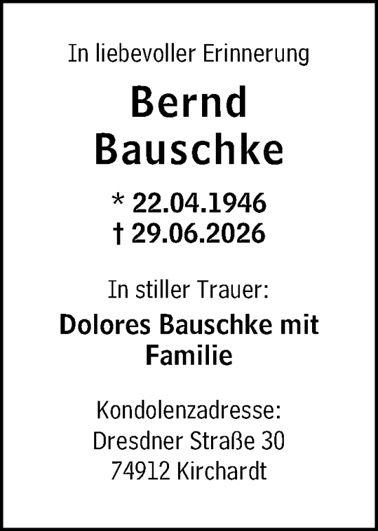 Traueranzeige von Bernd Bauschke von Wiesbadener Kurier
