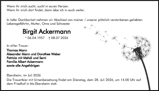 Traueranzeige von Birgit Ackermann von Allgemeine Zeitung Mainz