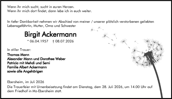 Traueranzeige von Birgit Ackermann von Allgemeine Zeitung Mainz