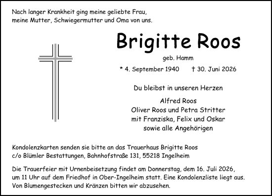Traueranzeige von Brigitte Roos von Allgemeine Zeitung Rheinhessen-Nahe