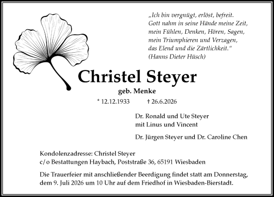 Traueranzeige von Christel Steyer von Wiesbadener Kurier