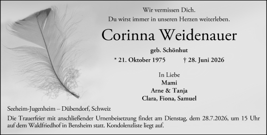 Traueranzeige von Corinna Weidenauer von Darmstädter Echo