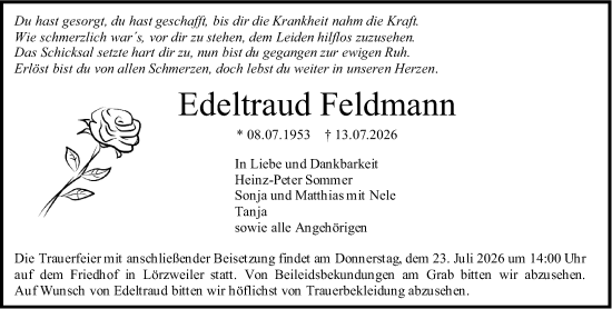 Traueranzeige von Edeltraud Feldmann von Allgemeine Zeitung Mainz