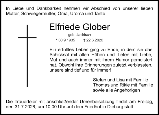 Traueranzeige von Elfriede Glober von Dieburger Anzeiger/Groß-Zimmerner Lokal-Anzeiger