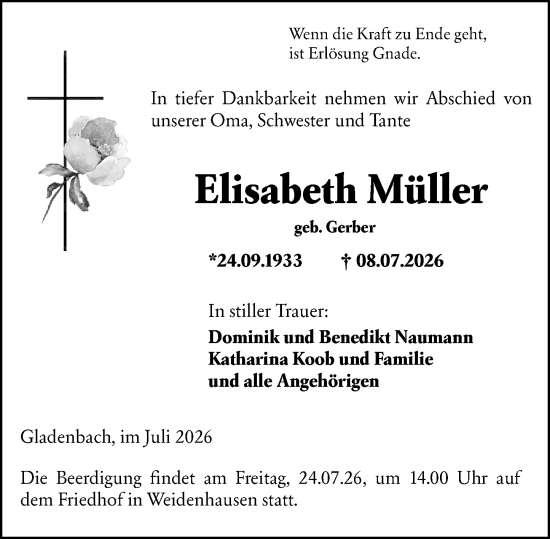 Traueranzeige von Elisabeth Müller von Hinterländer Anzeiger