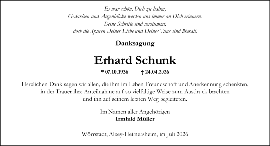 Traueranzeige von Erhard Schunk von Allgemeine Zeitung Alzey