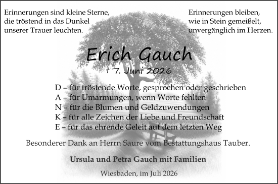 Traueranzeige von Erich Gauch von Wiesbadener Kurier