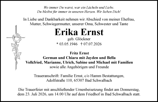Traueranzeige von Erika Ernst von Wiesbadener Kurier