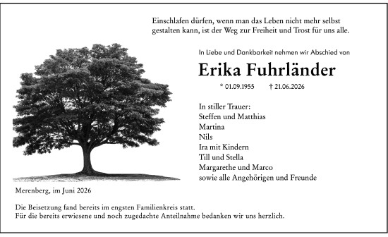 Traueranzeige von Erika Fuhrländer von Weilburger Tageblatt