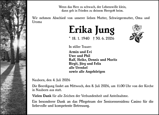 Traueranzeige von Erika Jung von Wetzlarer Neue Zeitung