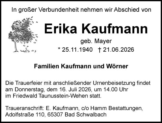 Traueranzeige von Erika Kaufmann von Idsteiner Land/Untertaunus