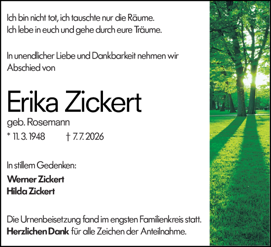 Traueranzeige von Erika Zickert von Wetzlarer Neue Zeitung