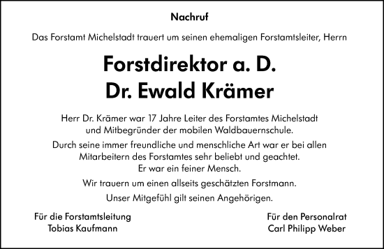 Traueranzeige von Ewald Krämer von Odenwälder Echo
