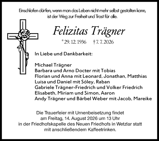 Traueranzeige von Felizitas Trägner von Wetzlarer Neue Zeitung