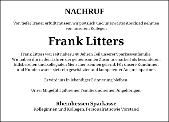Traueranzeige von Frank Litters von Wormser Zeitung