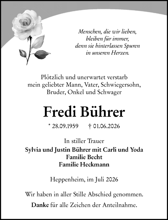 Traueranzeige von Fredi Bührer von Starkenburger Echo