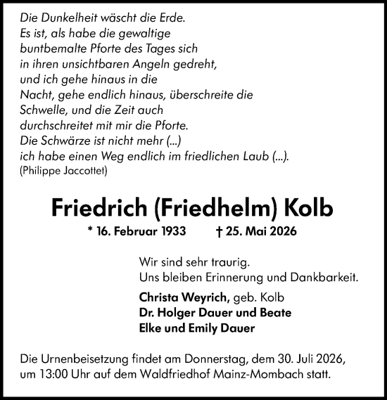 Traueranzeige von Friedrich Kolb von Allgemeine Zeitung Mainz