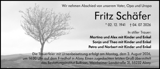 Traueranzeige von Fritz Schäfer von Allgemeine Zeitung Alzey