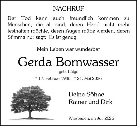 Traueranzeige von Gerda Bornwasser von Wiesbadener Kurier