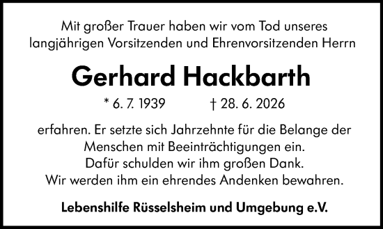 Traueranzeige von Gerhard Hackbarth von Rüsselsheimer Echo