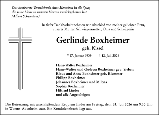 Traueranzeige von Gerlinde Boxheimer von Wormser Zeitung