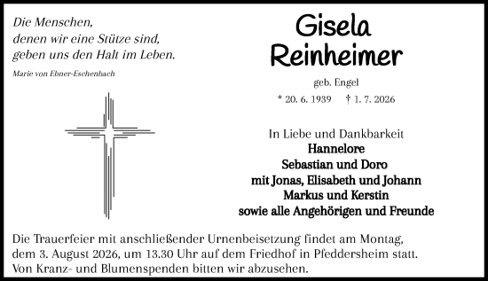 Traueranzeige von Gisela Reinheimer von Wormser Zeitung