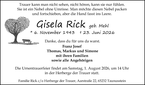 Traueranzeige von Gisela Rick von Wiesbadener Kurier