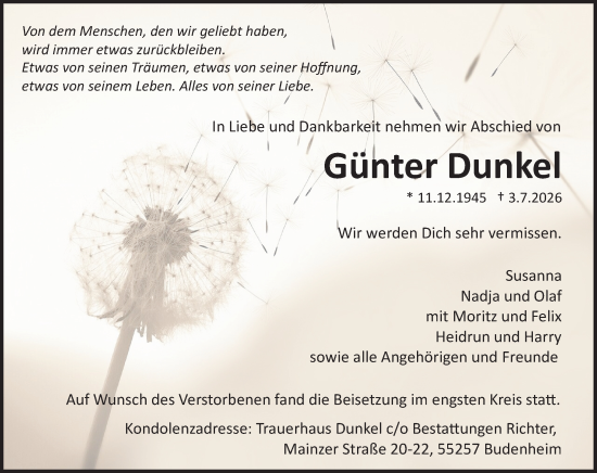 Traueranzeige von Günter Dunkel von Allgemeine Zeitung Rheinhessen-Nahe
