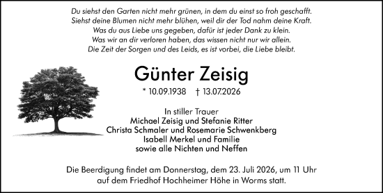 Traueranzeige von Günter Zeisig von Wormser Zeitung