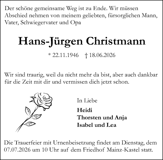 Traueranzeige von Hans-Jürgen Christmann von Wiesbadener Kurier