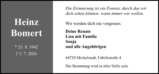 Traueranzeige von Heinz Bomert von Odenwälder Echo