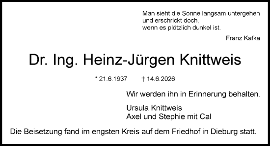 Traueranzeige von Heinz-Jürgen Knittweis von Dieburger Anzeiger/Groß-Zimmerner Lokal-Anzeiger
