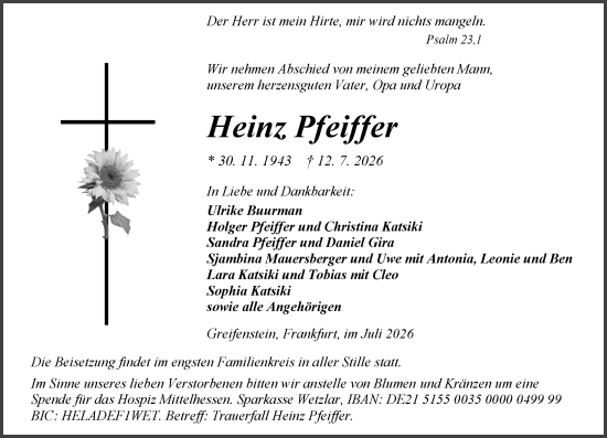 Traueranzeige von Heinz Pfeiffer von Weilburger Tageblatt