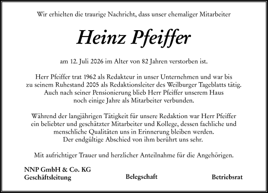 Traueranzeige von Heinz Pfeiffer von Weilburger Tageblatt