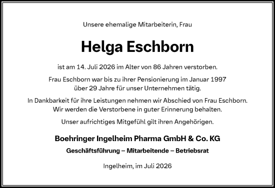 Traueranzeige von Helga Eschborn von Allgemeine Zeitung Rheinhessen-Nahe
