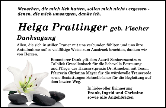 Traueranzeige von Helga Prattinger von Odenwälder Echo