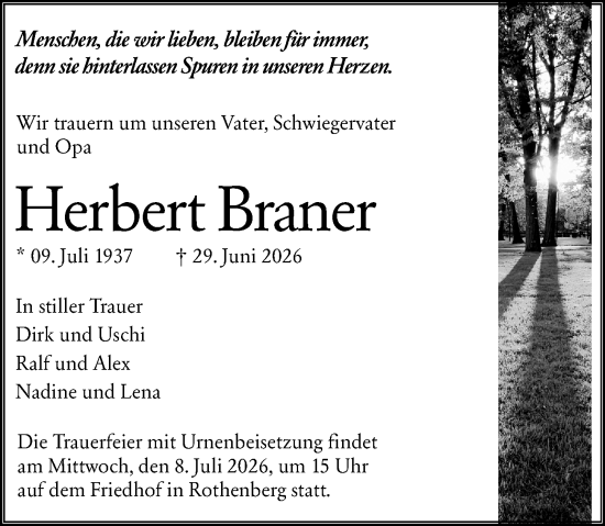 Traueranzeige von Herbert Braner von Odenwälder Echo