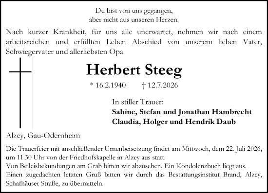 Traueranzeige von Herbert Steeg von Allgemeine Zeitung Alzey