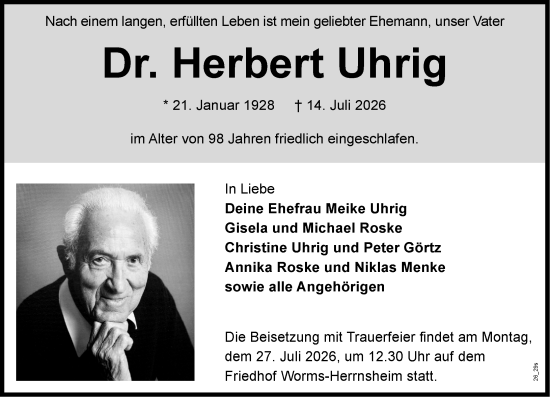 Traueranzeige von Herbert Uhrig von Wormser Zeitung