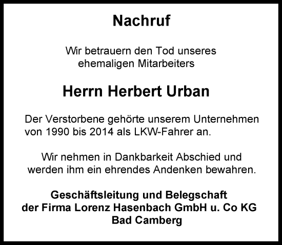 Traueranzeige von Herbert Urban von Camberger Anzeiger
