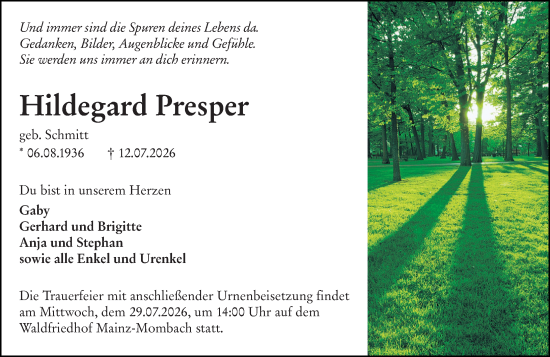 Traueranzeige von Hildegard Presper von Allgemeine Zeitung Mainz