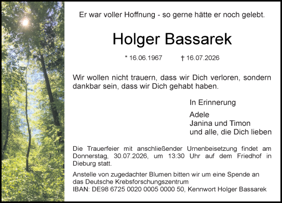 Traueranzeige von Holger Bassarek von Dieburger Anzeiger/Groß-Zimmerner Lokal-Anzeiger