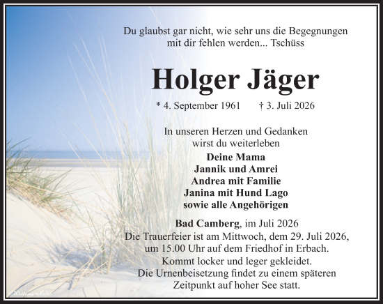 Traueranzeige von Holger Jäger von Camberger Anzeiger
