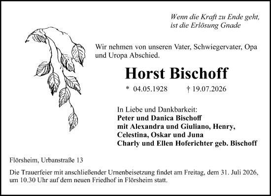 Traueranzeige von Horst Bischoff von Rüsselsheimer Echo