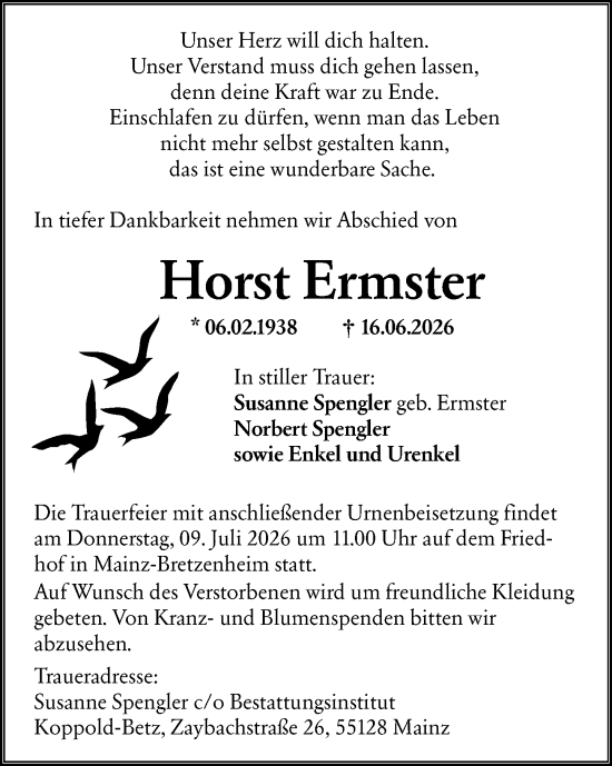 Traueranzeige von Horst Ermster von Allgemeine Zeitung Mainz