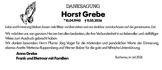 Traueranzeige von Horst Grebe von Hinterländer Anzeiger