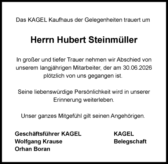 Traueranzeige von Hubert Steinmüller von Darmstädter Echo